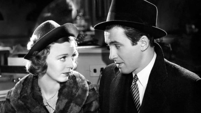 black and white still from the film Shop Around The Corner with a man and a woman in 1940s hats and coats