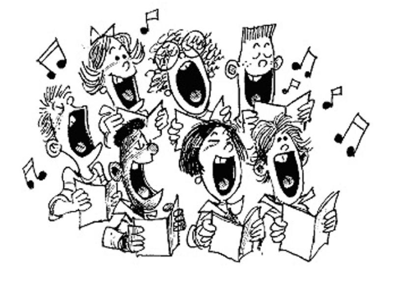 Cartoon of a group of people, their mouths open in song