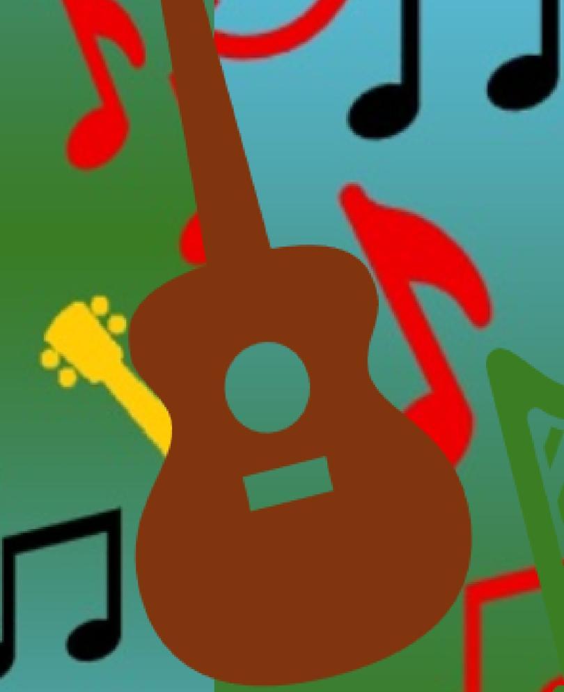 Colourful composite image of a guitar, parts of other musical instruments and musical notes