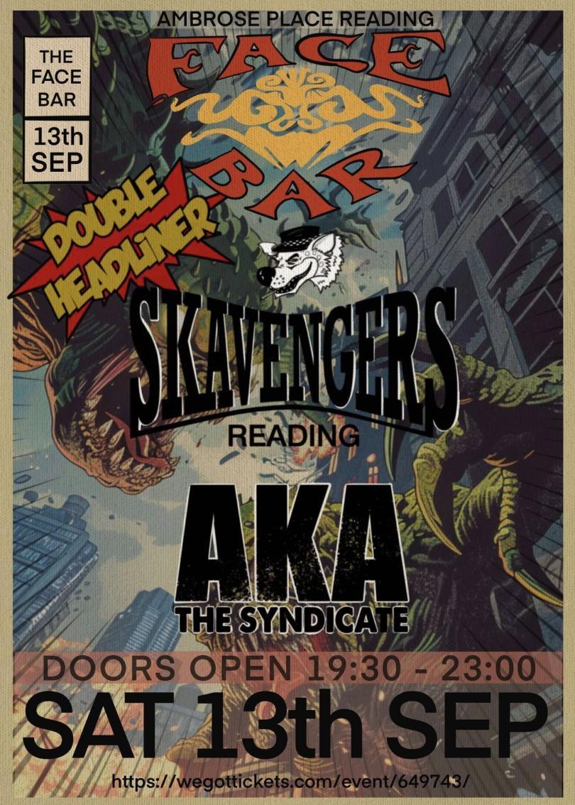 The Skavengers + AKA The Syndicate on a comic-book style background