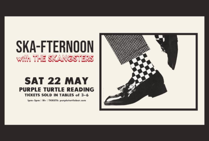 Poster for Ska-fternoon at the Purple Turtle featuring a pair of checked socks and black shoes