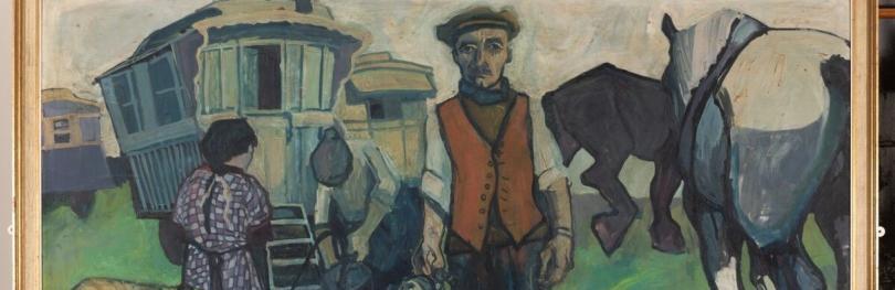 Section of a large painting depicting gypsy or traveller people with horses, dogs and caravans