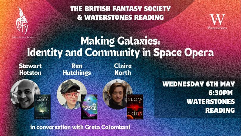 Event posters with the title of the event and images of three authors and book covers