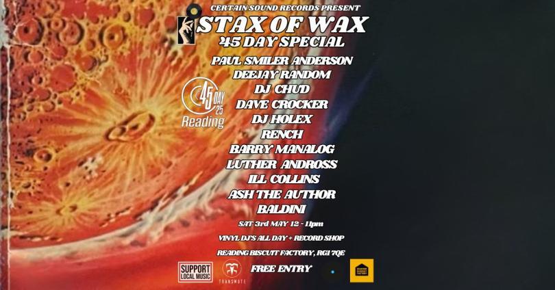 Poster for Stax of Wax - 45 Day Special with DJ names listed in front of an image of the planet Mercury