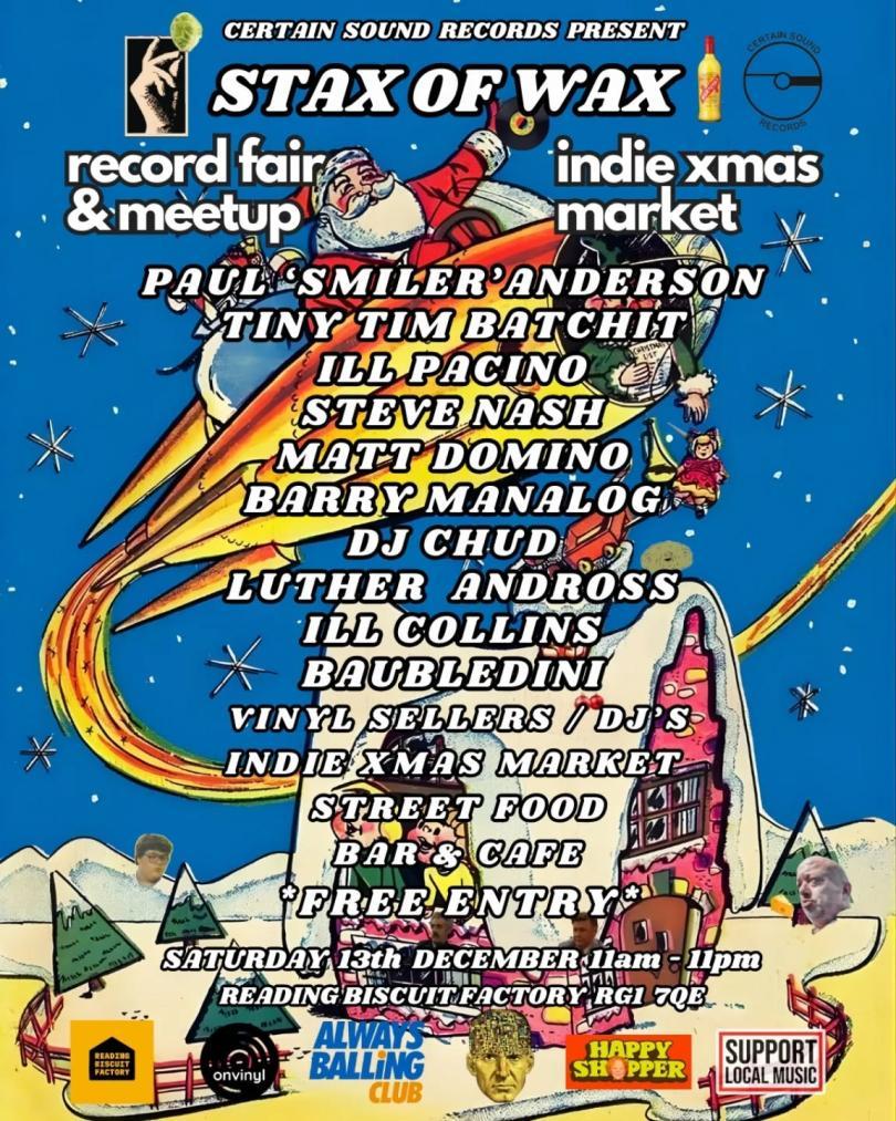 Image of Santa flying over a house, with names of DJs listed on it