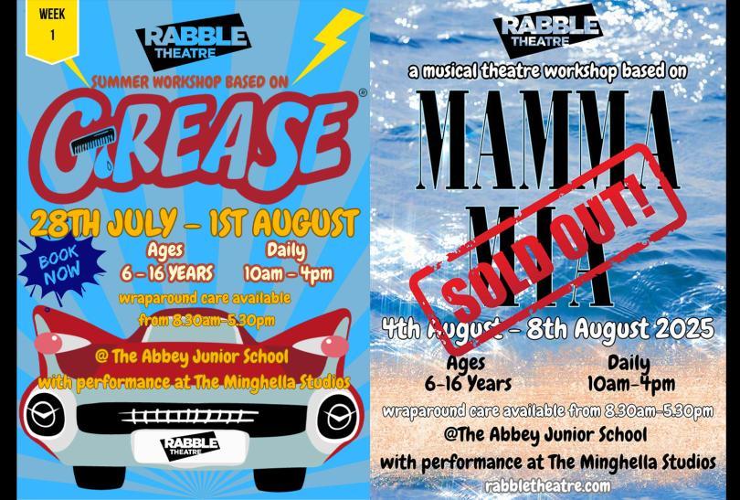 Posters for Grease, showing a car, and Mamma Mia, showing a beach