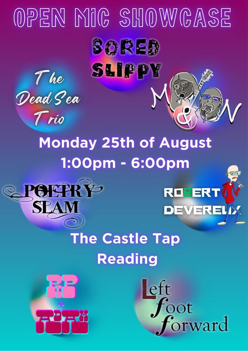 Poster for open mic showcase with logos for each of the acts performing