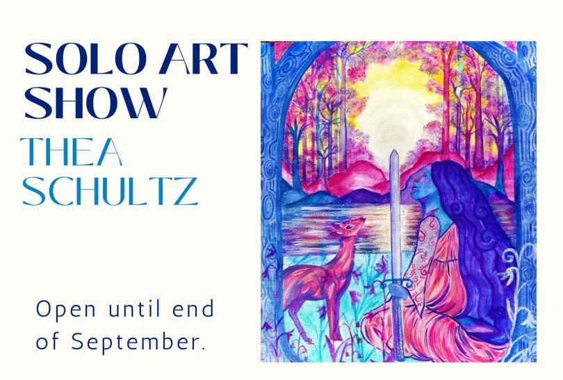 Event poster with an image of a purple-tinged painting of a woman with a sword by a lake