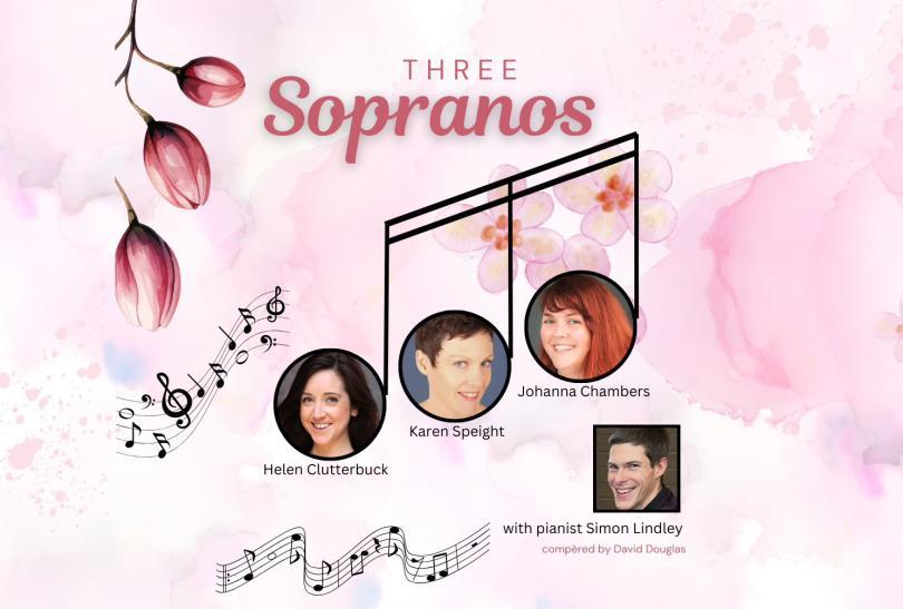 Poster for Three Sopranos event with a music note graphic with each of the three sopranos' heads in each note