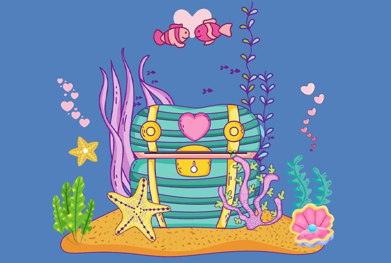 Artwork of a treasure chest at the bottom of the sea