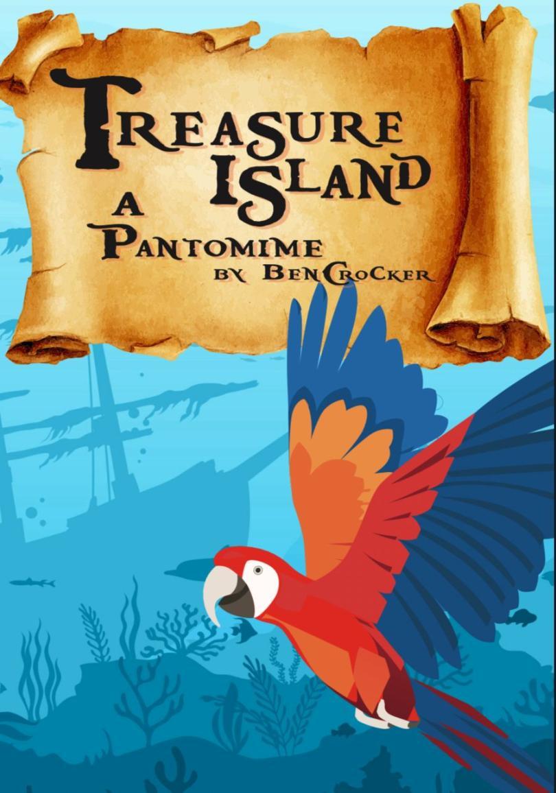 Treasure Island poster with a cartoon parrot against a treasure map logo