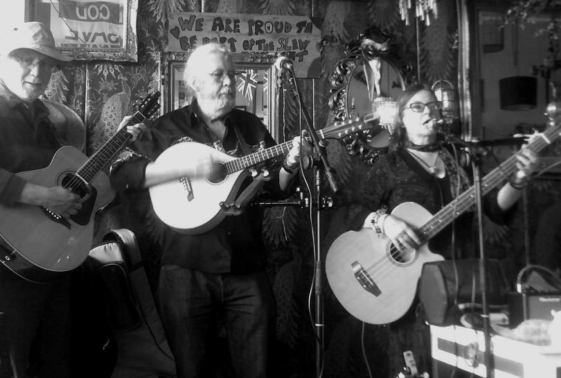 Three middle-aged folk musicians holding guitars