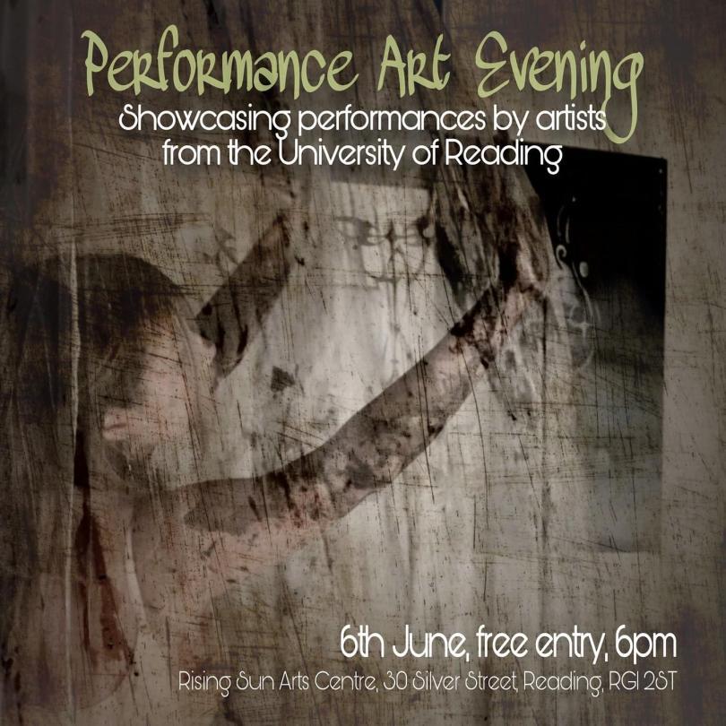 Poster for Performance Art Evening featuring an artist hanging some work. It's a brown monochrome style