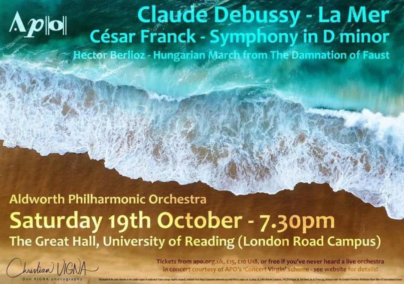 APO event poster with details, picture of seaside