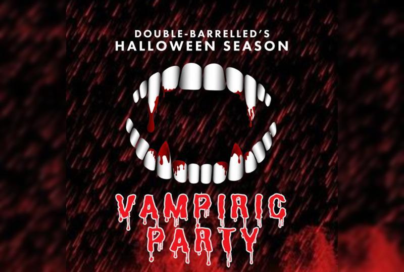 Vampiric Halloween Party poster with drawing of vampire teeth