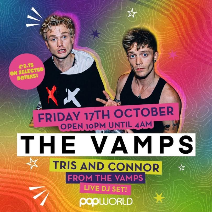 Photo of Tris and Connor from the Vamps - two skinny thirty-something lads in dark clothes and eyeliner