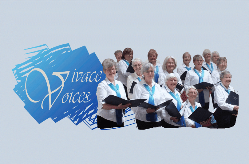 Vivace Voices logo next to a photo of the choir themselves