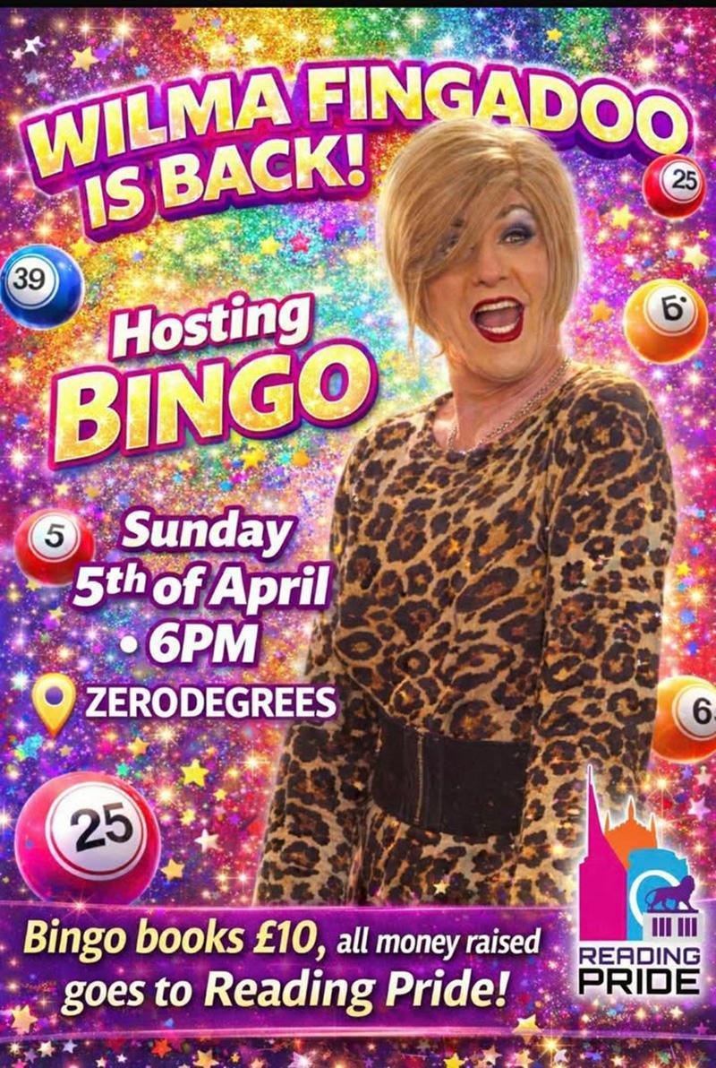A drag queen and various bingo balls in the background