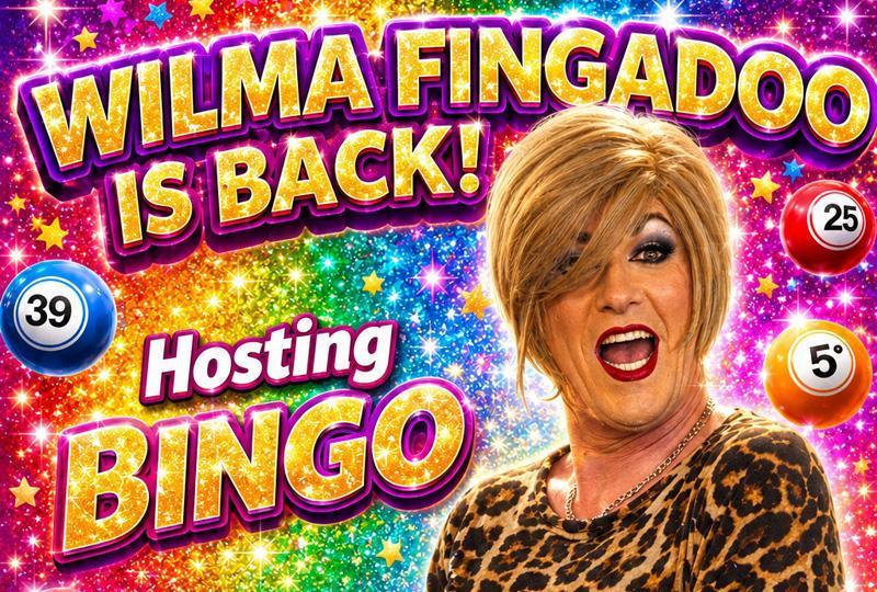 AI poster with a drag queen and various bingo balls in the background