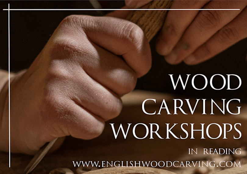 Wood Carving Workshops written over a close up of wood carving