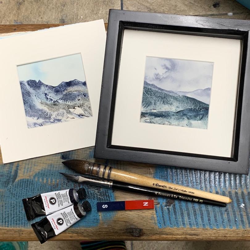 Watercolours by Linda Saul with brushes and paint