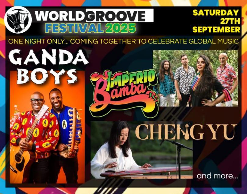 World Groove Festival 2025 poster featuring images and logos of the acts performing