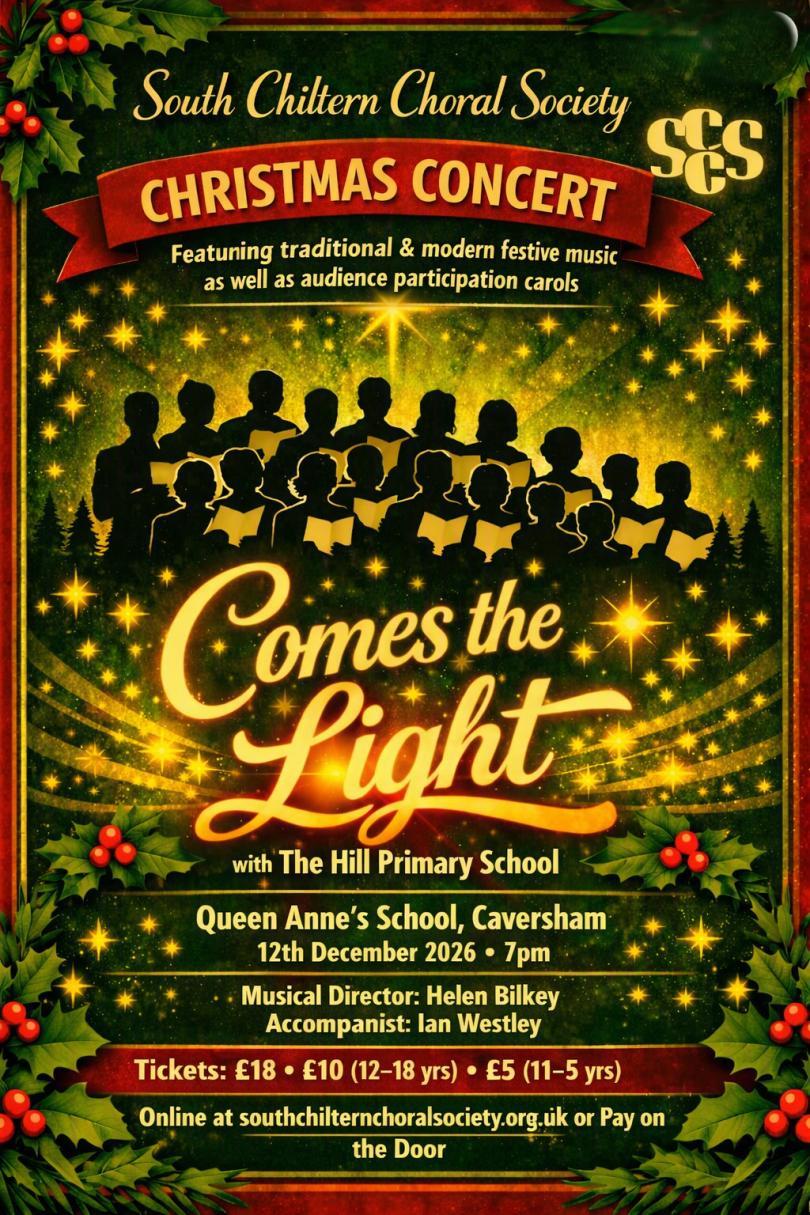 AI-generated poster with artwork of a choir singing surrounded by Christmas decor