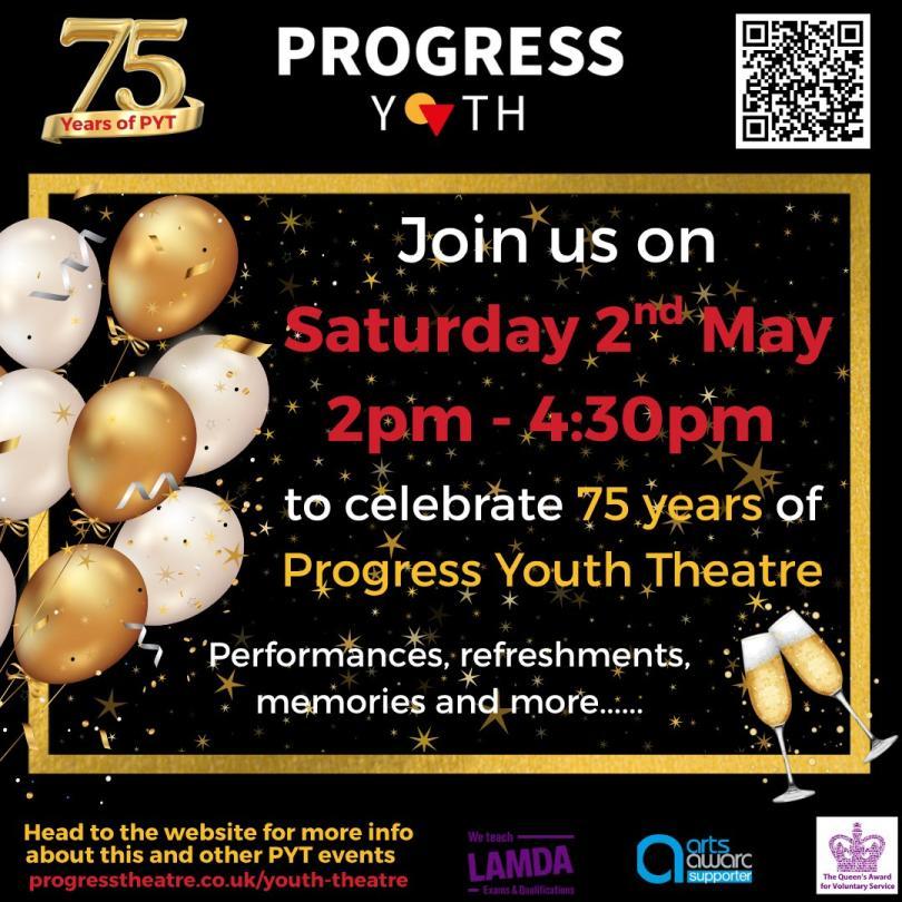 Poster for Progress Youth 75th Anniversary Afternoon with balloons and info about the event