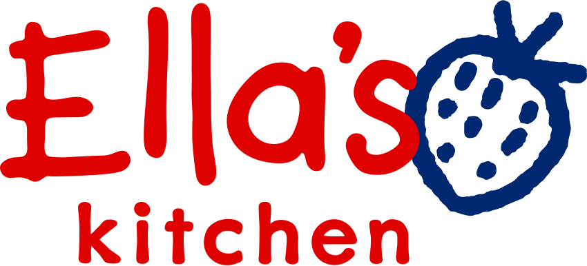 Ella's Kitchen in red text with e blue outline drawing of a strawberry