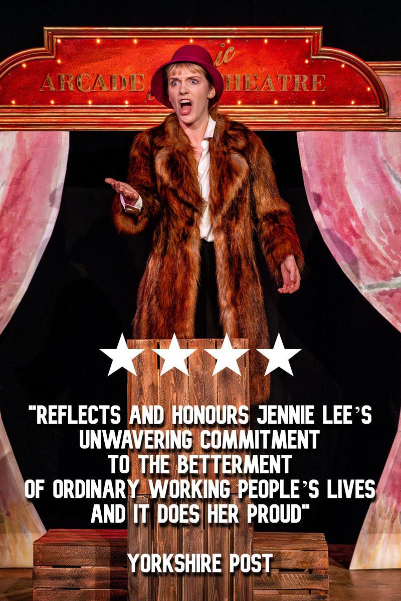 Image of an actress in period clothes with a quote