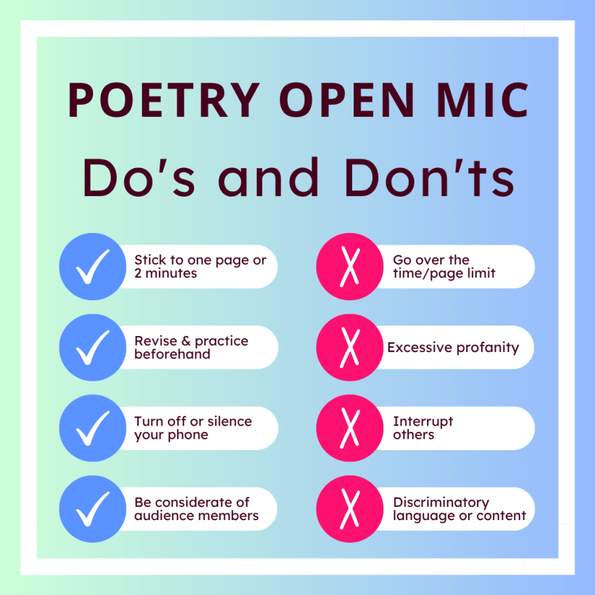Poetry Open Mic Dos and Don'ts. Do: Stick to one page or two minutes. Revise and practice beforehand. Turn off or silence your phone. Be considerate of audience members. Don'ts: Go over the time/page limit. Excessive profanity. Interrupt others. Discriminatory language or content.