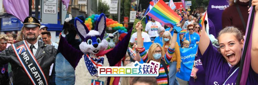 Montage of people walking on Reading Pride parade