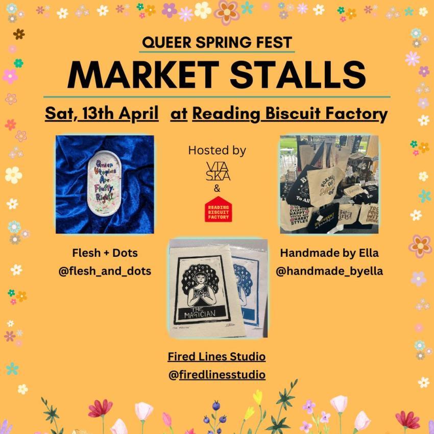 Market Stalls featuring at the Queer spring festival on saturday the 13th of april 2024. Featuring Flesh and dots, fired lines studio and handmade by ella.