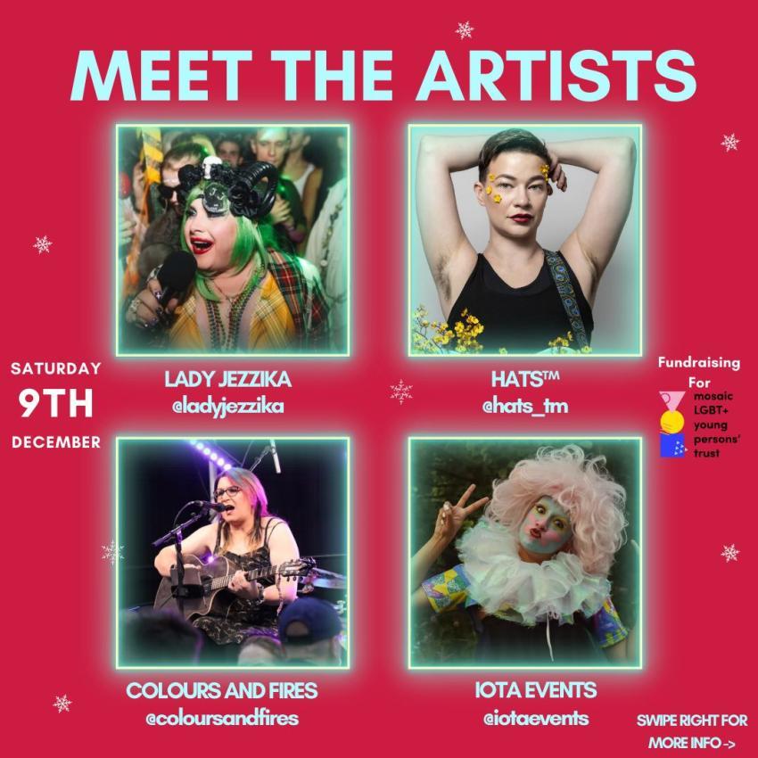 Meet the Artists: Lady Jezzika @Ladyjezzika. Hats tm @hats__tm. Colours and Fires, @Colours and Fires, Iota Events, @iota events.