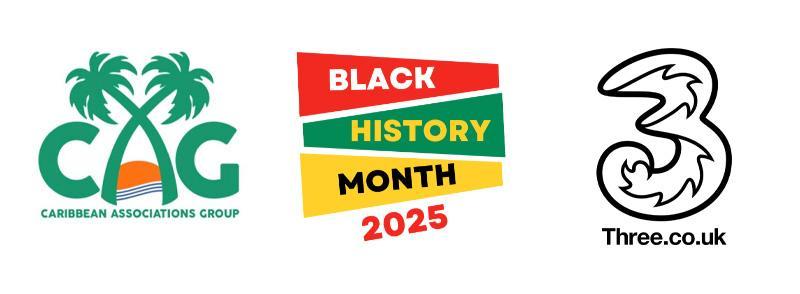 Logos for Reading Caribbean Associations Group, Black History Month and Three