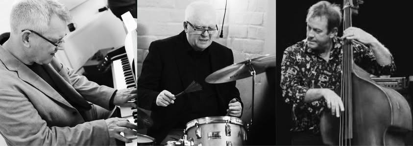triptych of images of jazz players on piano, drums and upright bass