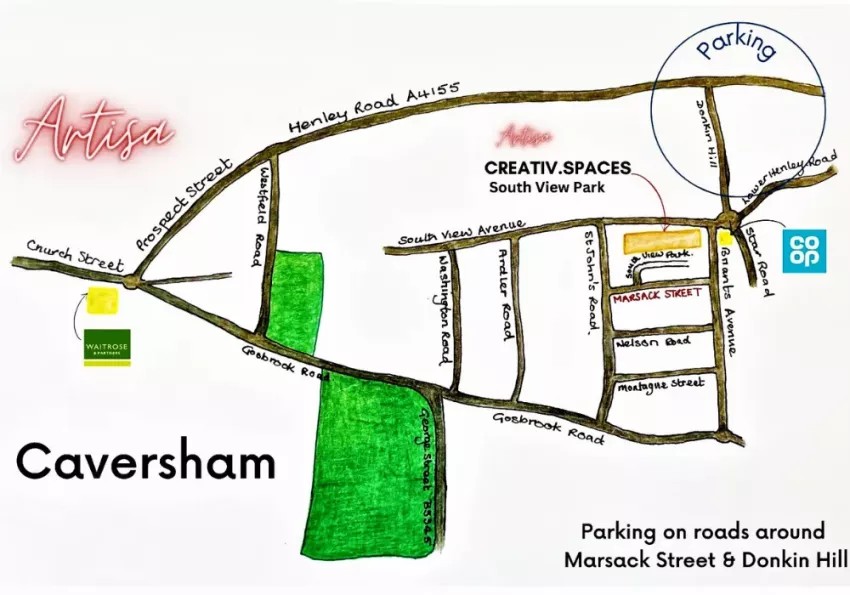 hand-drawn map of Caversham pointing out the Creativ.Spaces address