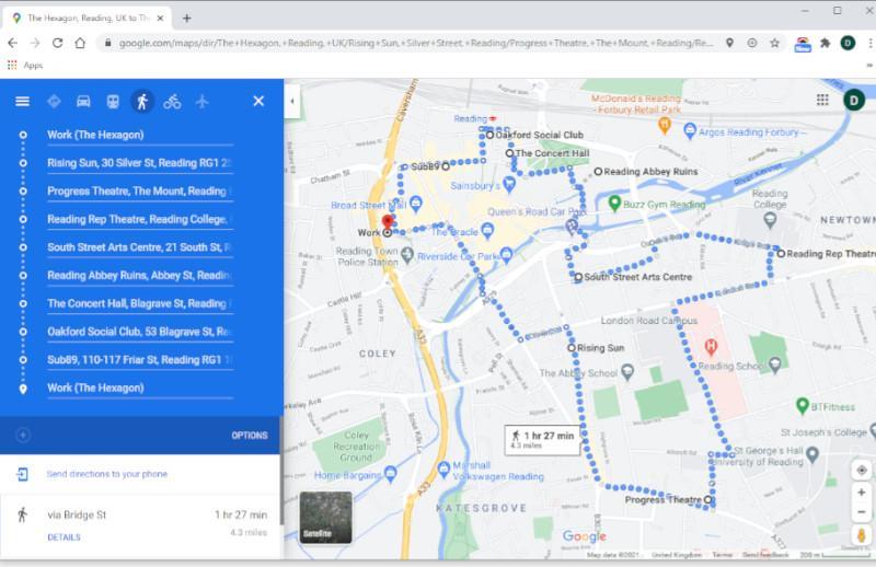 Map of Reading with walking route laid out