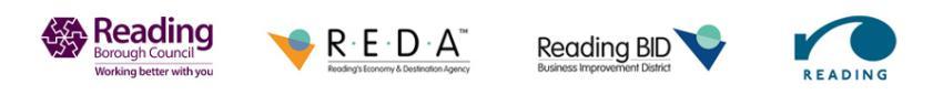 Logos for Reading Borough Council, REDA, Reading BID and Visit Reading