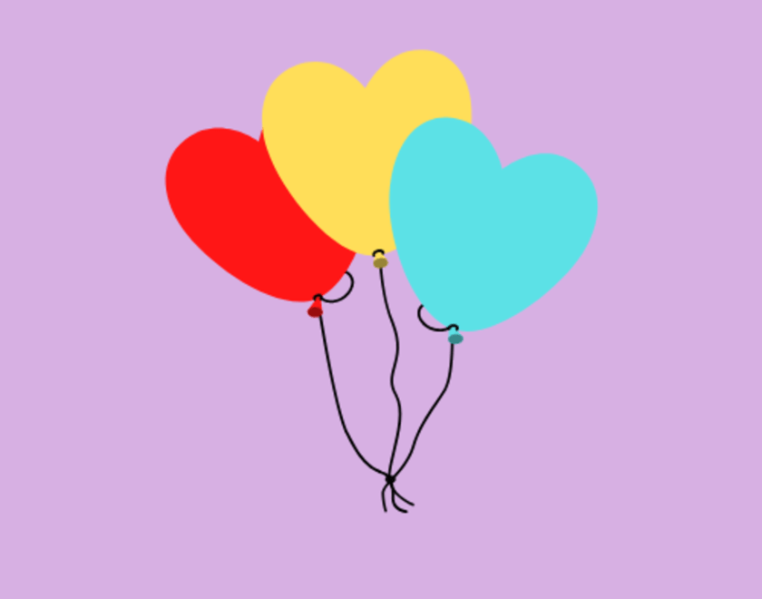 Iota Events logo - lilac background with three heart shaped balloons in the centre, they are red, yellow and blue