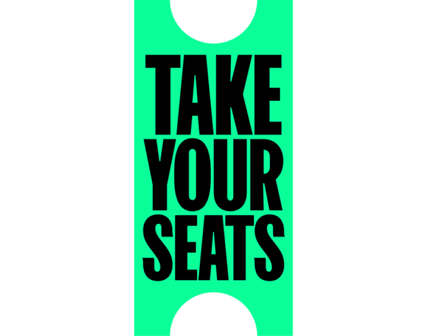 Take Your Seats logo, a green shape resembling a ticket stub with TAKE YOUR SEATS in black text on it