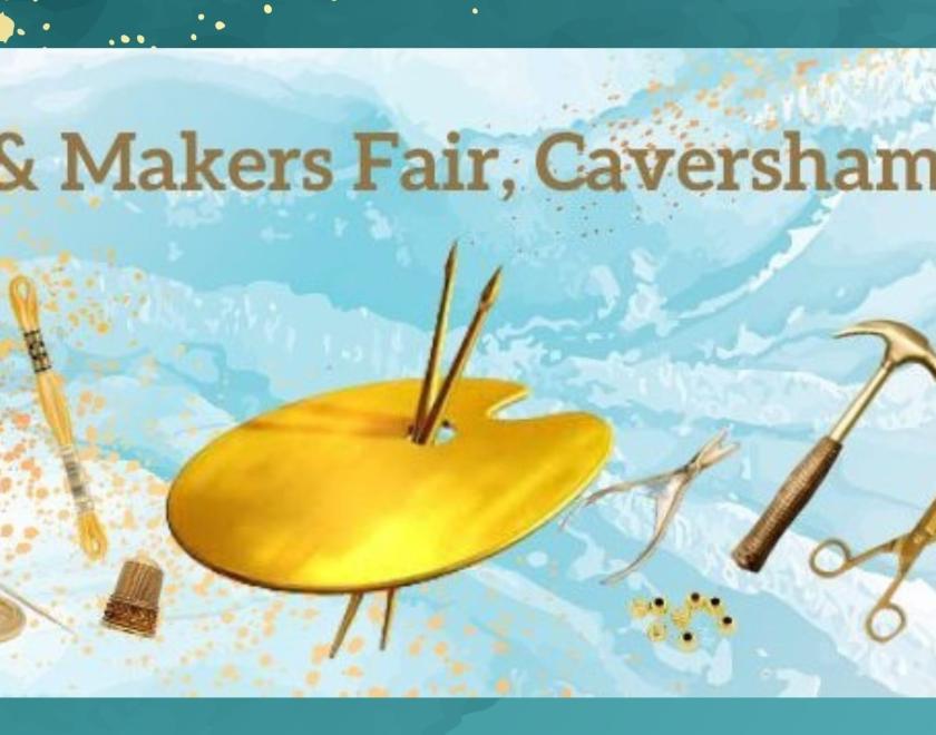 Art & Craft implements in gold, plus Artists & Makers Fair Logo