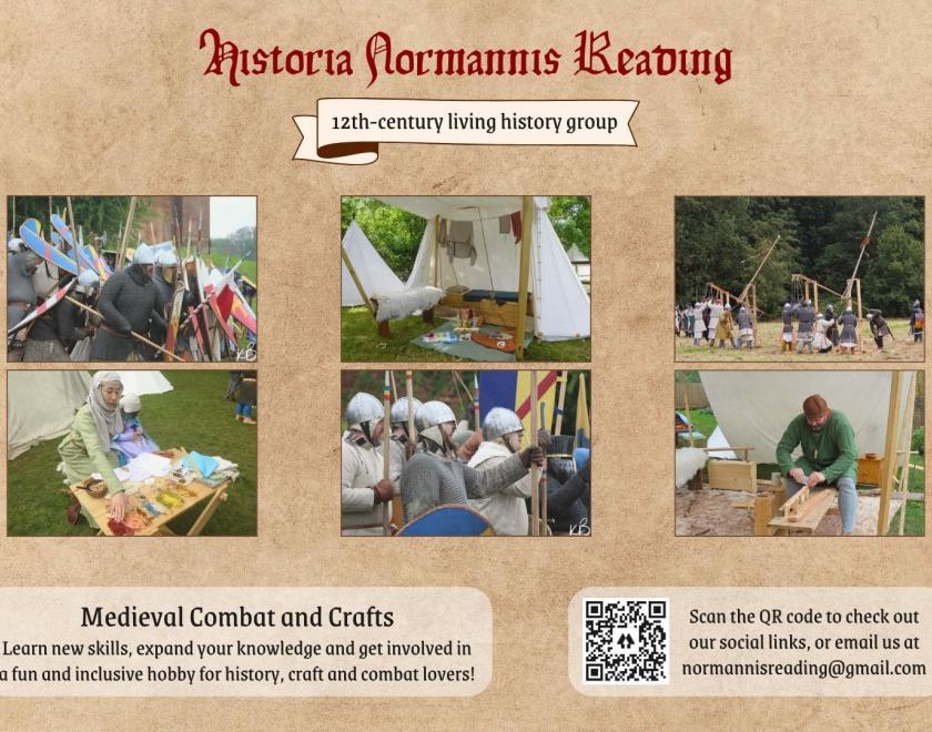 Compilation of photos of Norman soldiers and Knights lining up for battle, medieval tents, trebuchets and siege engines, craftspeople showing displays of textiles and woodworking