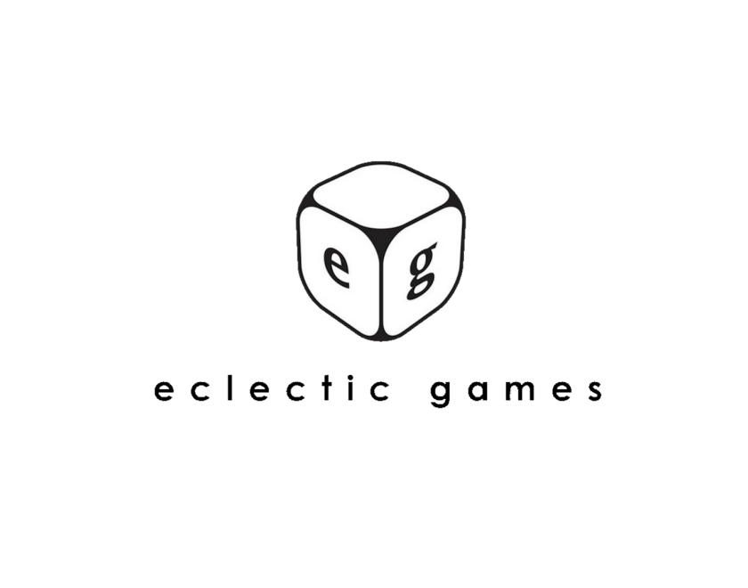 eclectic games logo with a linedrawing of a dice and the name