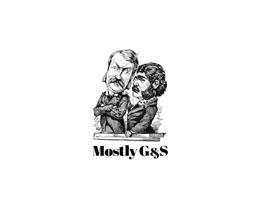 Mostly G&S logo with charicature drawings of Gilbert & Sullivan, two Victorian-era gentlemen in period clothes and hair