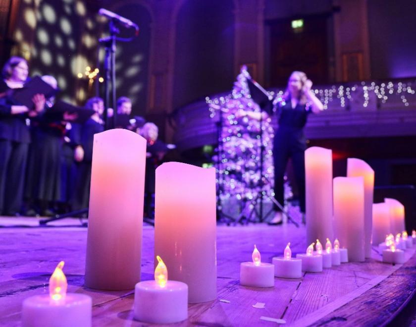 Candles on stage at Reading Town Hall