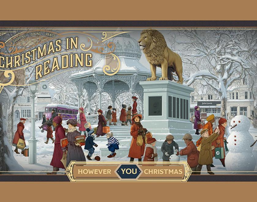 Artwork of a Christmas scene in Reading, with Victorian-style people walking around a snowy Forbury Gardens. The lion and bandstand are visible, as are various shops from Reading town centre. The geography is WAY off.