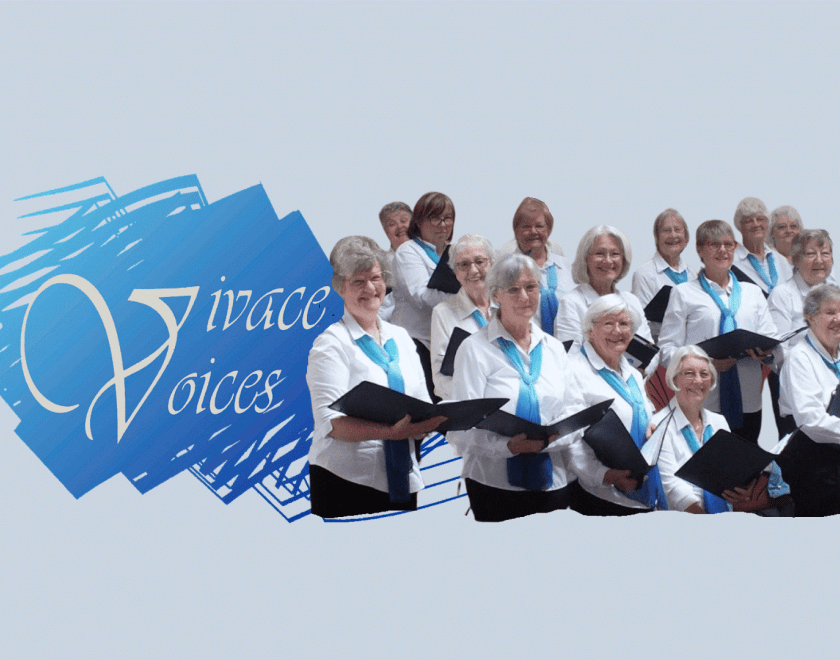 Vivace voices logo next to an image of the choir themselves