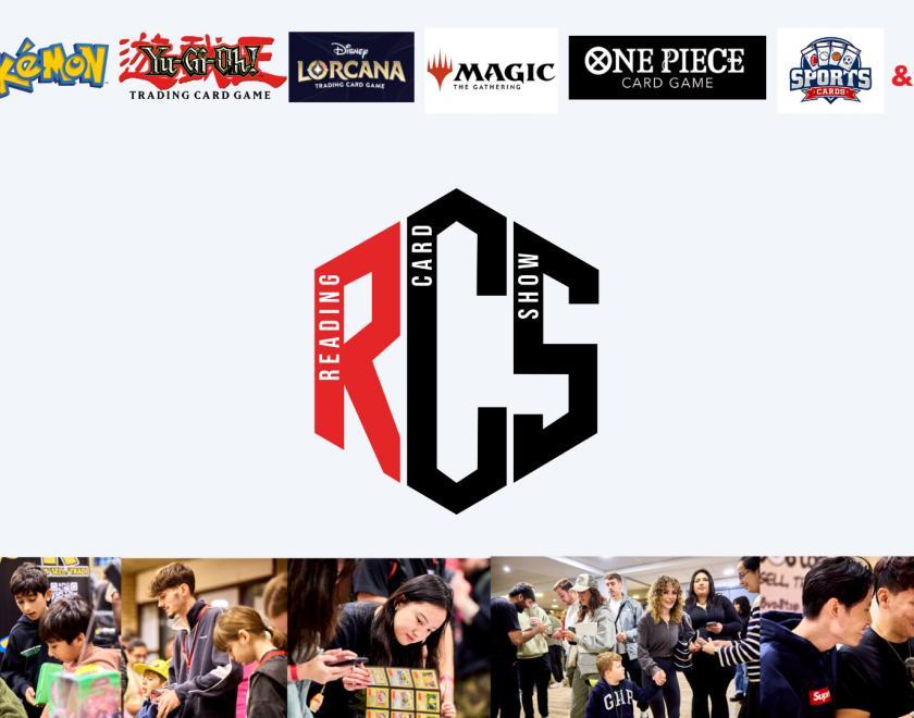 Reading Card Show logo surrounded by logos from well-know card brands and images of previous events
