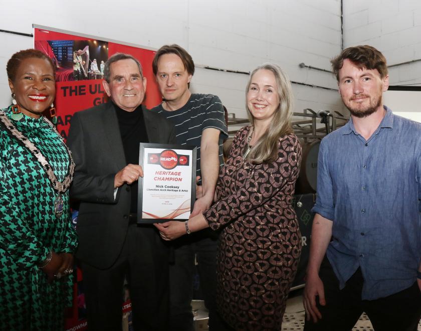 Deputy Mayor Alice Mpufo Coles, Heritage Champion representatives from Junction Arch Hertiage & Arts, including Paul Cooksey, brother of the posthumous winner Nick Cooksey, and Adam Koszary at the What's On Reading Cultural Champions event
